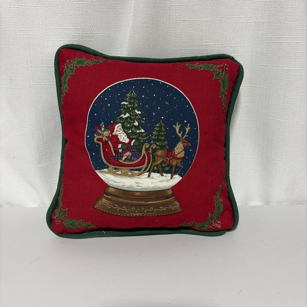 Vintage Christmas Decorative Throw Pillow Santa Sleigh Snow Globe Mini 8x8